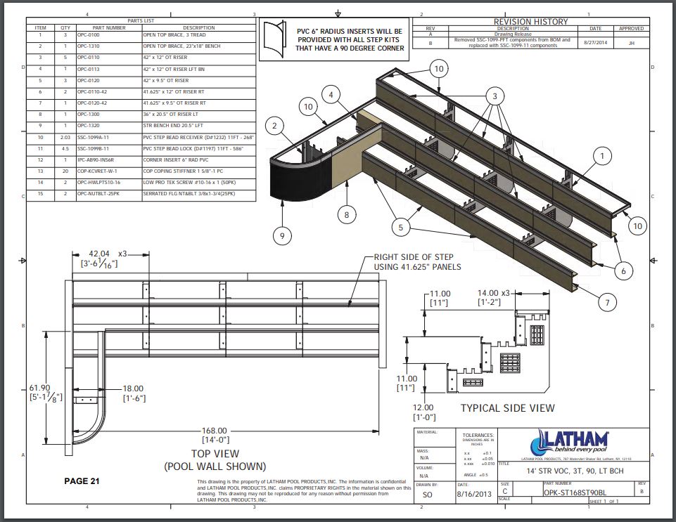 14' Straight Step Polymer 90 Deg. 3-Tread 6" Radius w/ Left Bench
